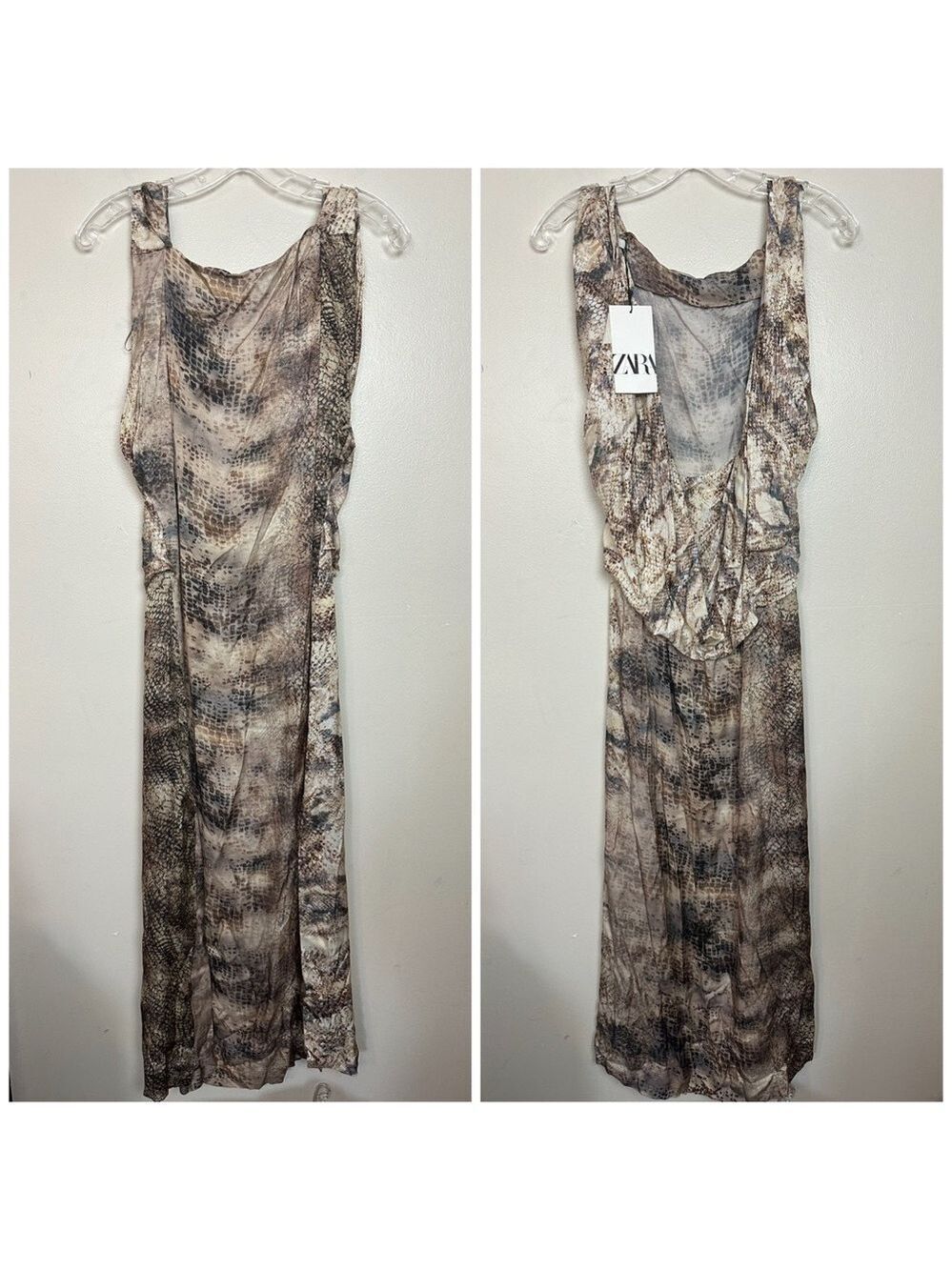 Zara Sleeveless Snake Print Satin Draped Low Back Midi Summer Dress - Picture 11 of 15